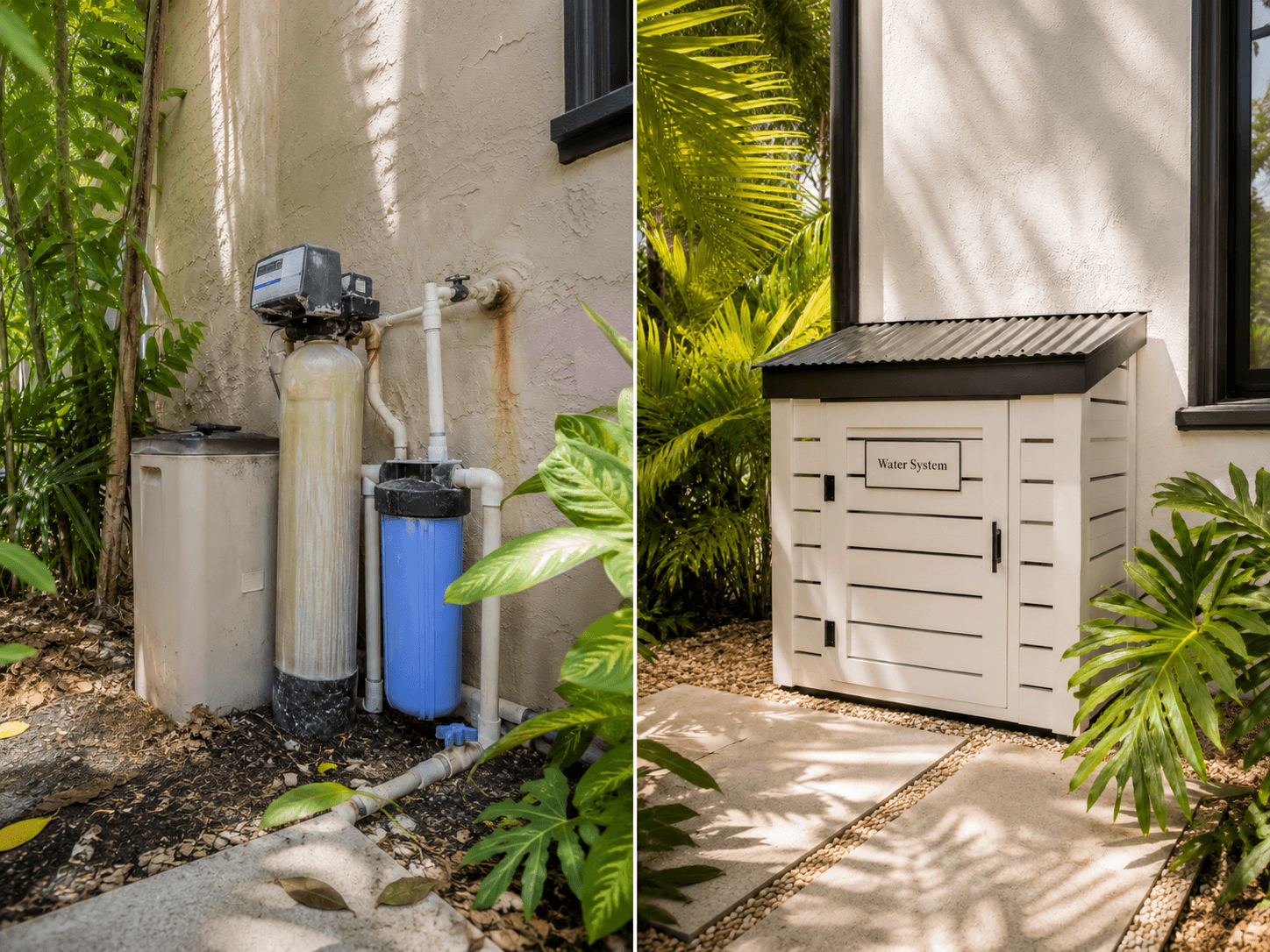 Before and after — exposed outdoor water filtration system versus custom wood enclosure built by Benito Fine Carpentry Palm Beach County